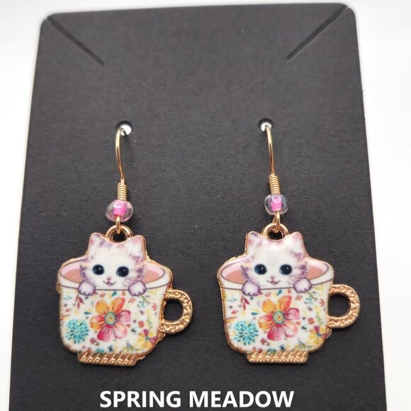 Spring Meadow White Kitten in Floral Teacup Earrings with Glass Bead – Handmade - Picture 1 of 14